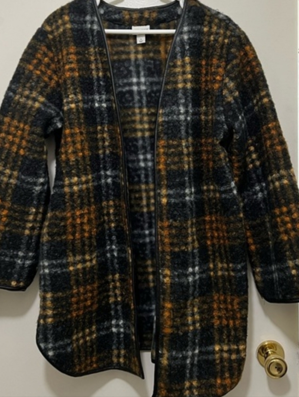 Ava & Viv Black, Mustard and Gray Plaid Open Front Coat